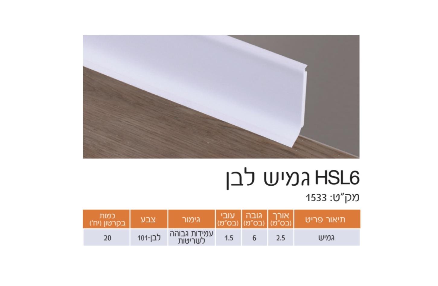 פנל לפרקט גמיש ודק במיוחד. לבן גובה 6 ס"מ